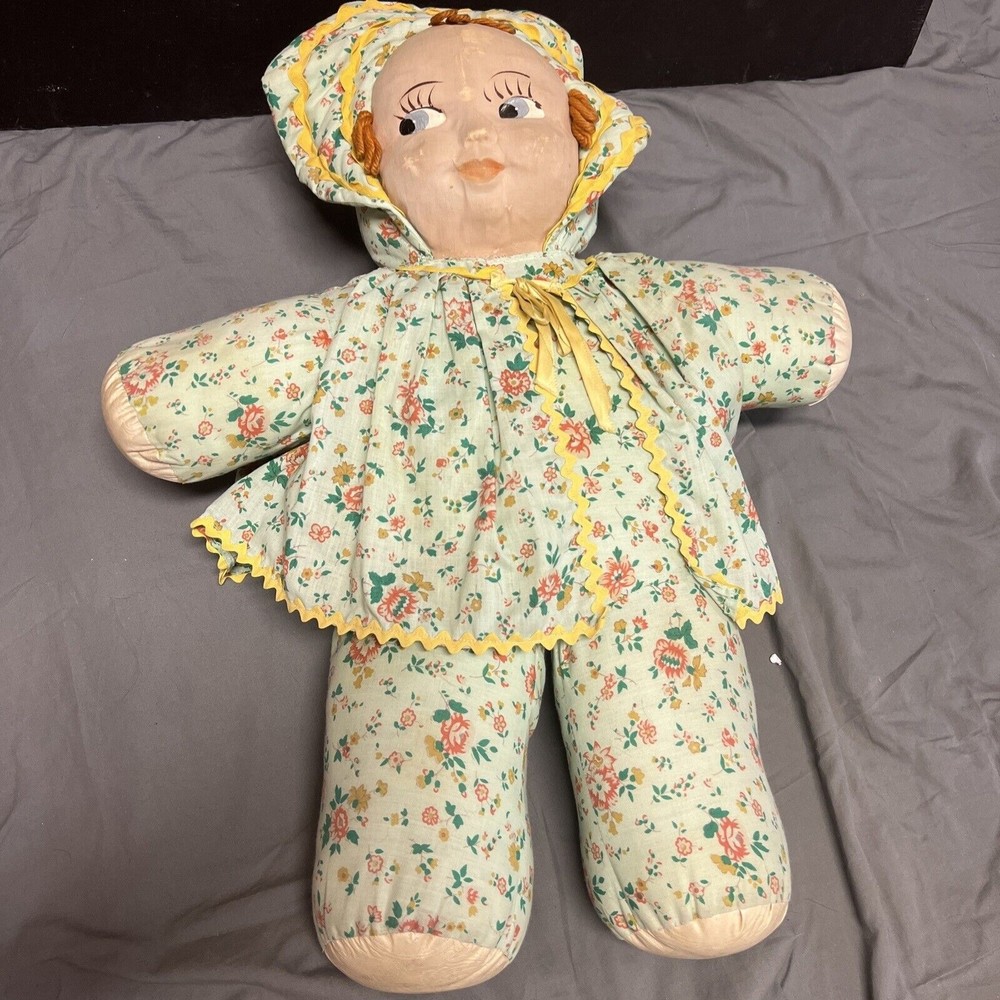 Unbranded cloth doll vintage hand painted‎ face Flowers Rag Primitive Baby Doll